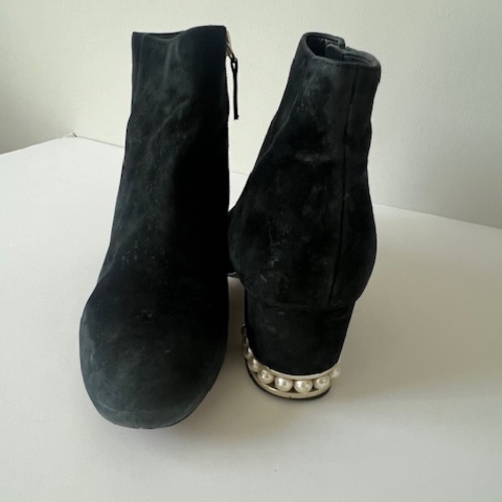 White House Black Market Black Suede Pearl-Embellished Heel Ankle Boots